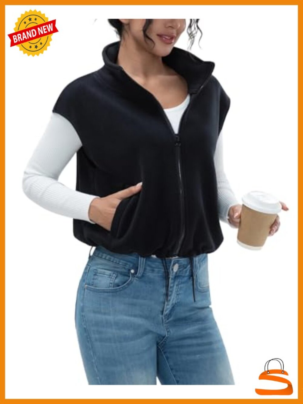 Full Zip Fleece Vest Warm Sleeveless Stand Collar Sherpa Crop Coat
